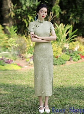 Cheongsam Chipao Qipao2025春季新品绿色三分袖立领改良版修身收