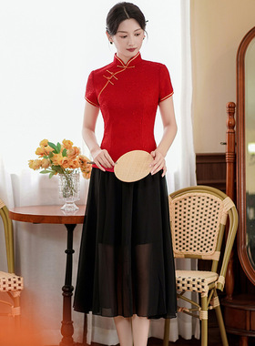 Qipao Tops Chinese Chipao 2025新款国风夏季旗袍唐装红色女上衣