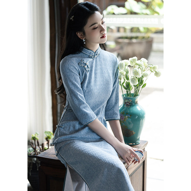 qipao cheongsam women chinese dress复古民国风新中式长袖旗袍