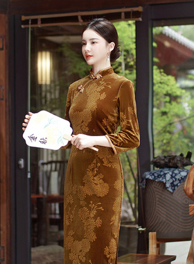 Cheongsam Qipao Dress Chipao复古2025秋冬新款丝绒提花旗袍