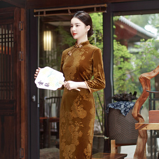 Cheongsam Qipao Dress Chipao复古2025秋冬新款丝绒提花旗袍