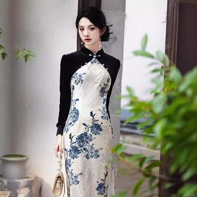 chinese dress cheongsam women qipao新中式改良轻款丝绒七分袖