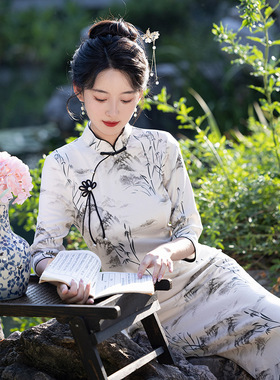 2025 New Chinese Cheongsam Dress Chipao 春新手工扣水墨长旗袍