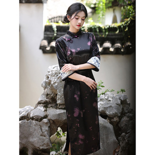 长款 qipao 双面缎旗袍连衣裙七分袖 dress新款 cheongsam chinese