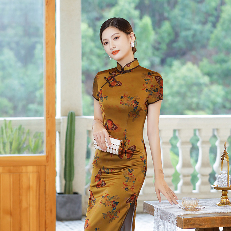 cheongsam long qipao dress chipao2022夏秋新款旗袍长裙绸缎