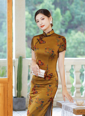 cheongsam long qipao dress chipao2022夏秋新款旗袍长裙绸缎