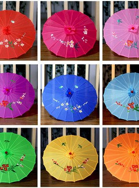 Vintage Chinese Silk Oil Paper Umbrella Red Flower Props Red