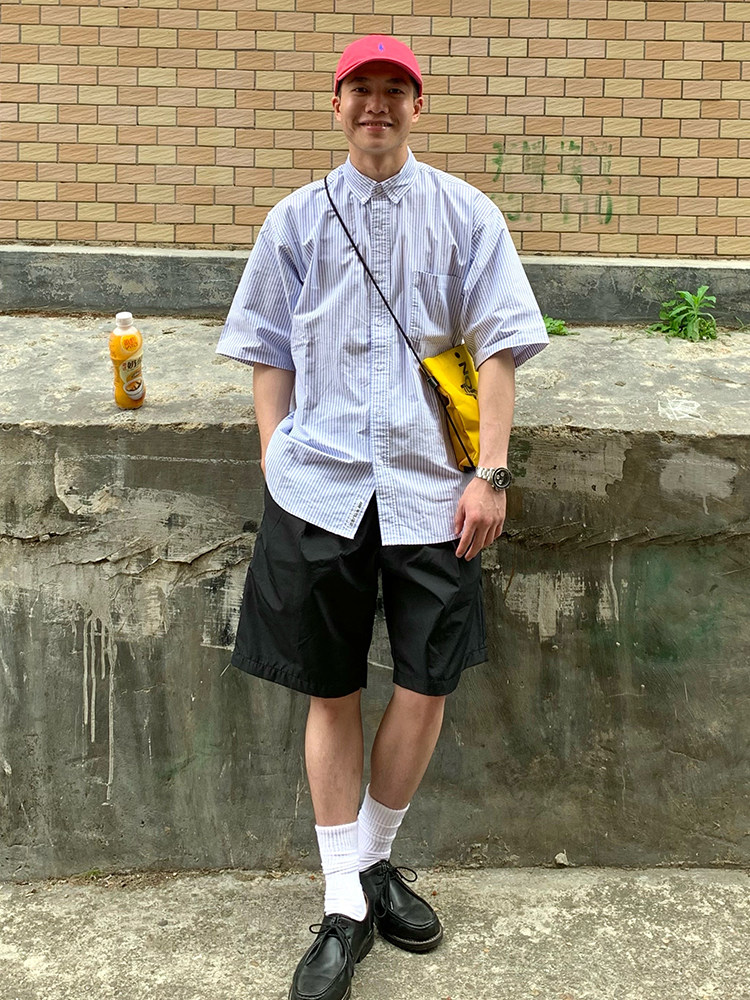 五号渡口whoopsy春夏cityboy风格宽松条纹短袖衬衫潮日系复古衬衣