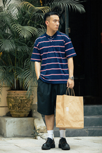 五号渡口 春夏新品全棉日系潮牌条纹polo衫宽松短袖复古男上衣