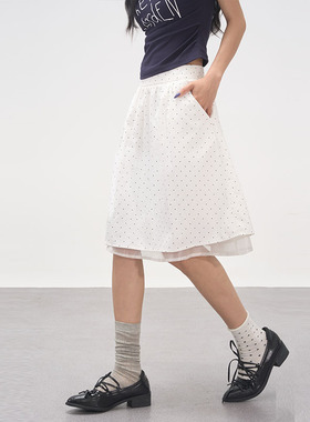 AXIA法式波点中长裙女夏季A字裙子百搭大摆高腰温柔气质伞裙2025