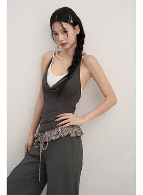 AXIA吊带背心女夏季假两件撞色拼接扭结叠穿荡领修身显瘦挂脖上衣