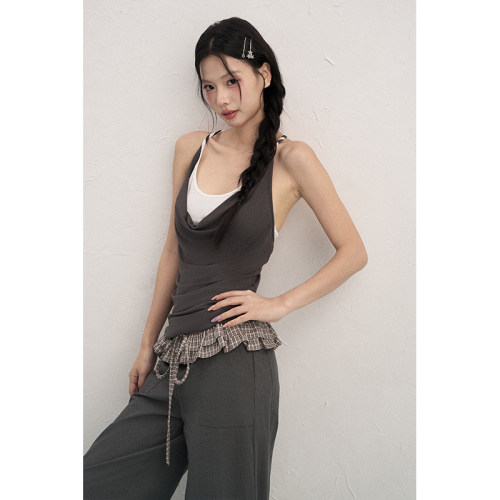 AXIA吊带背心女夏季假两件撞色拼接扭结叠穿荡领修身显瘦挂脖上衣