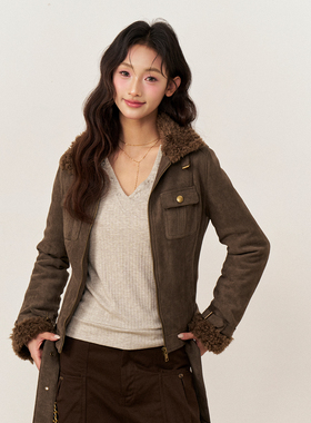 AXIA 复古咖绿色修身加厚麂皮绒外套女秋冬新款羊羔毛拼接上衣