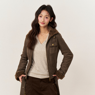 羊羔毛拼接上衣 加厚麂皮绒外套女秋冬新款 AXIA 复古咖绿色修身
