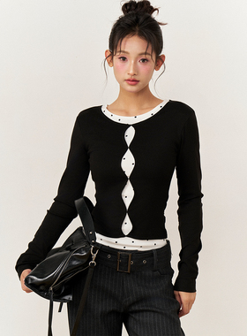 AXIA 假两件波点设计感小众撞色长袖T恤女短款修身内搭打底衫上衣