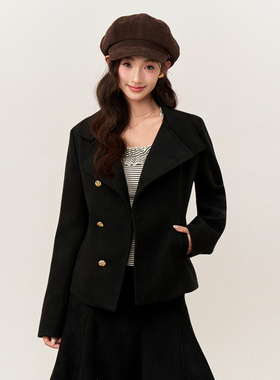 AXIA 黑色翻领短款毛呢外套女秋冬单排扣高级感保暖修身呢子大衣