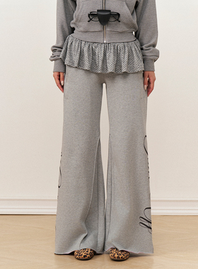 AXIA 复古灰色阔腿卫裤女设计感小众毛边裤脚宽松直筒运动休闲裤