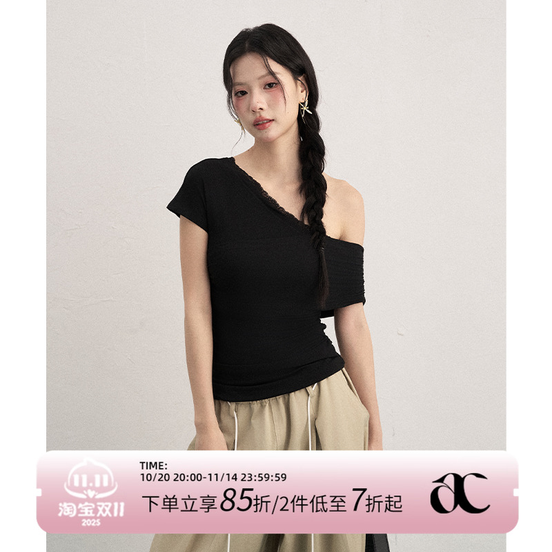 AXIA斜肩短袖T恤女休闲宽松百搭纯色黑色显瘦小心机设计感上衣服