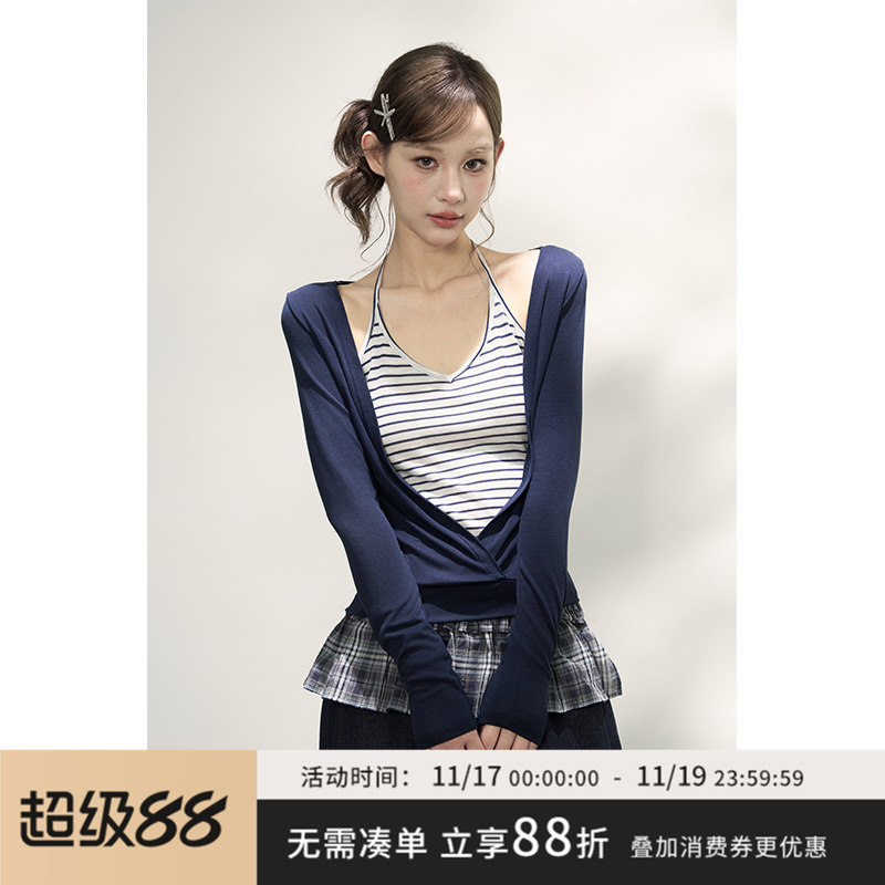 AXIA假两件长袖针织衫女春秋挂脖式横条纹甜辣风显瘦大V领T恤上衣