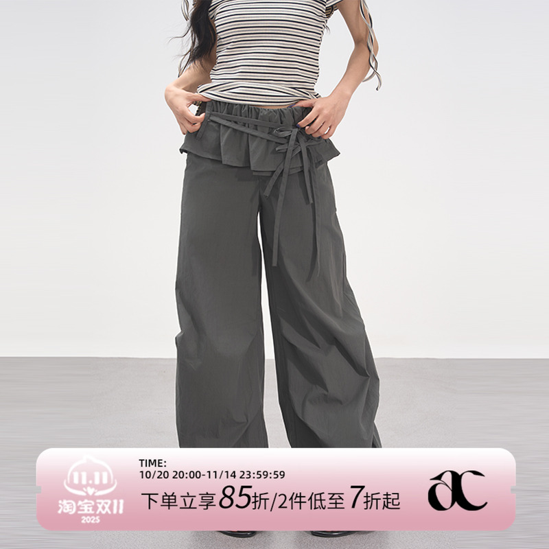 休闲工装裤女夏季假两件叠穿裙帘