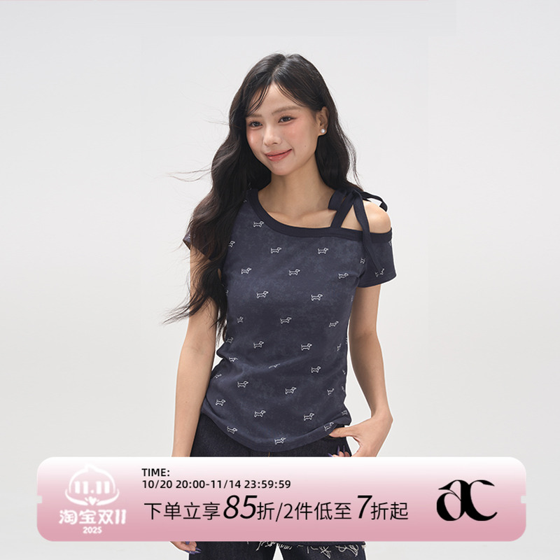 AXIA斜肩设计感短袖T恤女夏季小狗印花显瘦正肩不规则设计感上衣