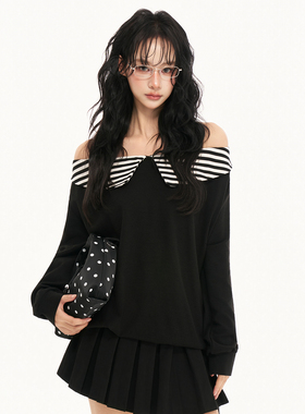 AXIA 甜辣风条纹拼接长袖T恤女2026春季新款宽松内搭打底衫上衣