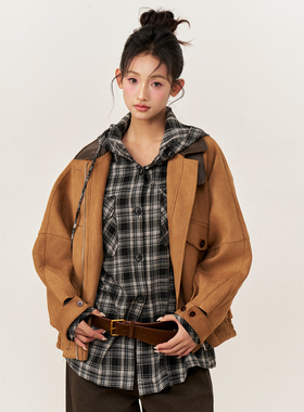 AXIA 美工复古卡其色麂皮拼接外套女秋冬新款宽松oversize夹克