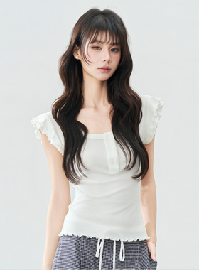 AXIA 莱赛尔小飞袖白色短袖T恤女2026夏季短款修身显瘦大u领上衣