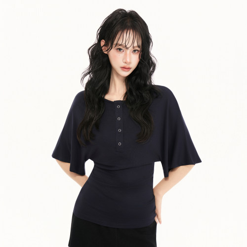 AXIA 莱赛尔五分袖短袖T恤女2026夏季设计感小众藏青色蝙蝠袖上衣