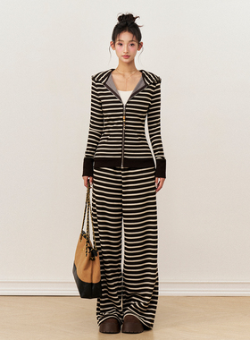 AXIA 复古条纹连帽开衫针织衫女弹力秋冬叠穿修身套装