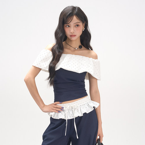 AXIA一字肩荷叶边上衣女夏季两件套花边中高腰长裤子休闲宽松套装