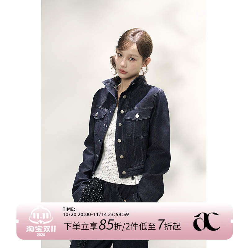 AXIA牛仔外套女秋冬季单排扣短款上衣两件套韩系复古修身长裤