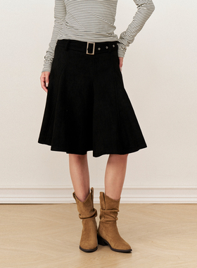 AXIA 复古干练通勤风麂皮中长款半身裙女秋冬新款百搭修身a字裙