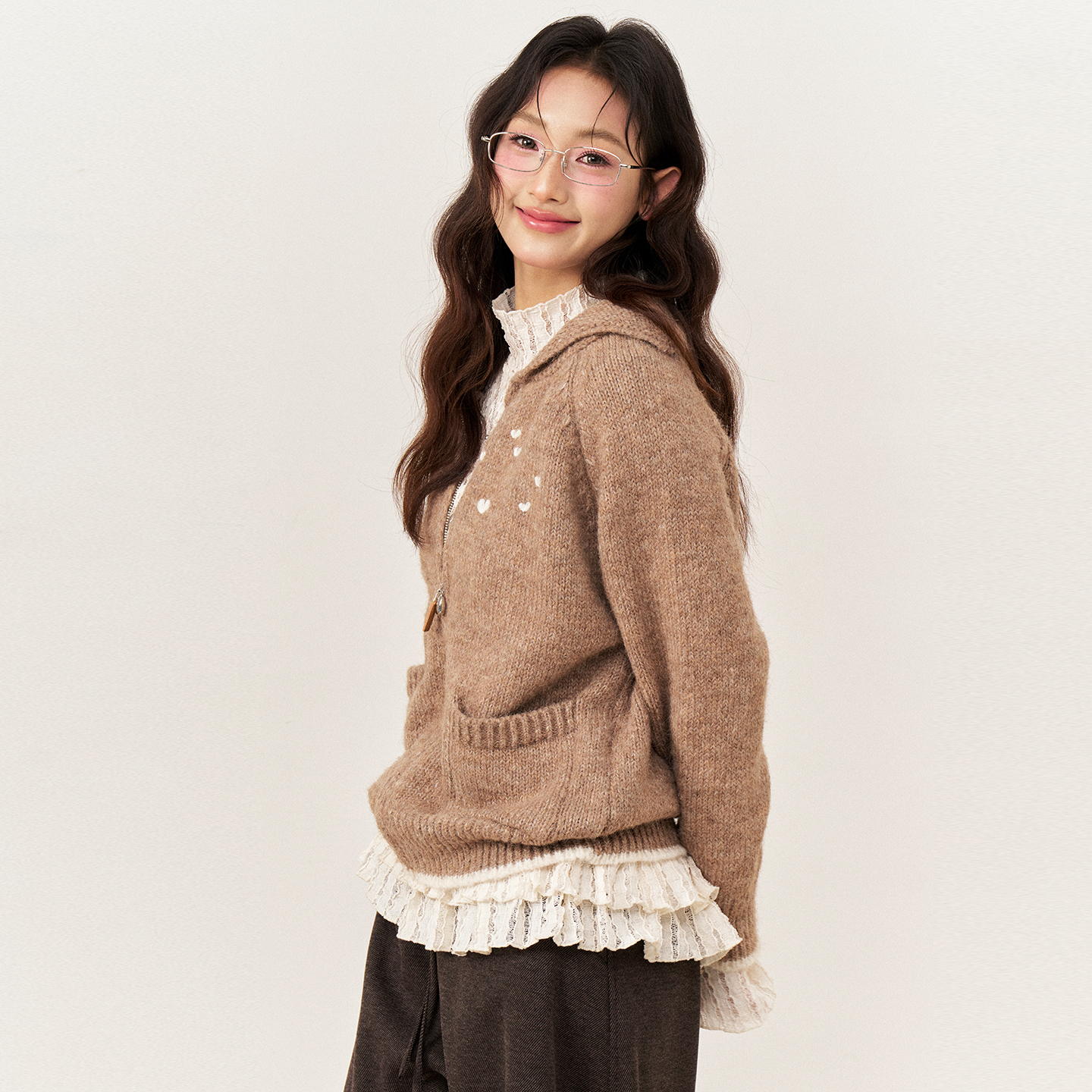 AXIA 连帽开衫针织衫外套女上衣秋冬新款爱心钩花宽松拉链毛衣