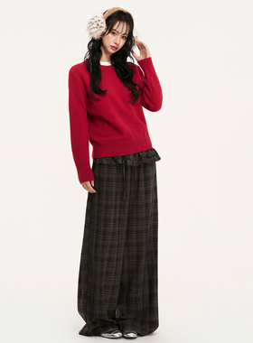 AXIA 复古格子屁帘假两件宽松阔腿休闲裤慵懒风垂感屁股帘裤