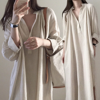 韩系穿搭宽松棉麻连衣裙