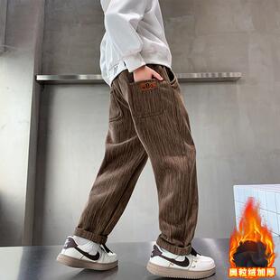 儿童装秋冬款加绒裤子2026新款男童中大童新款灯芯绒一体绒直筒裤