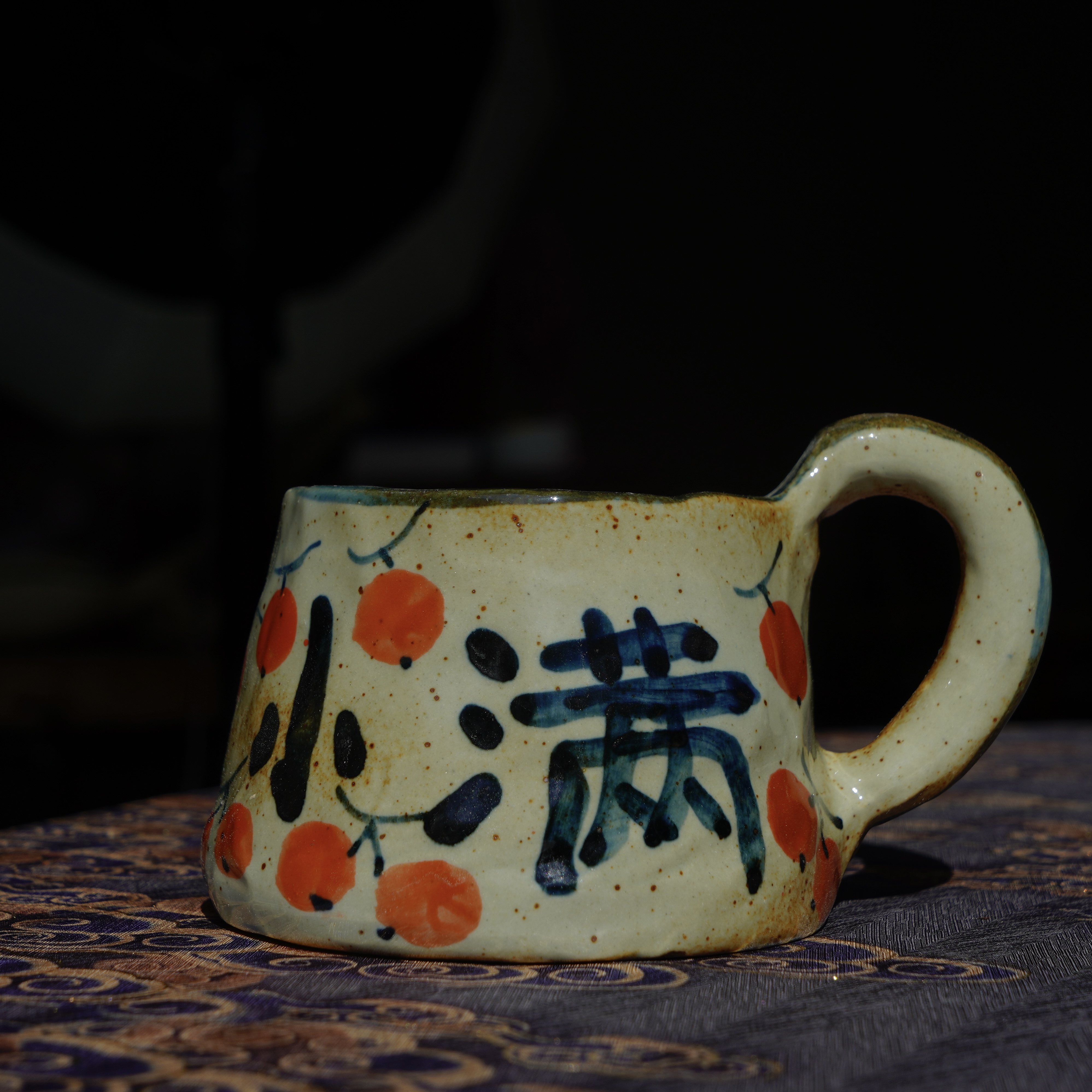 景德镇手绘釉下五彩柿子小满纯手工高温陶瓷咖啡杯带手柄300毫升