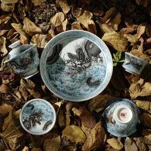 景德镇陶瓷海水墨龙壶承干泡台大号家用盖碗主人杯盖置一套五件