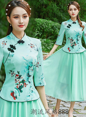 改良旗袍两件套中国风茶服表演服