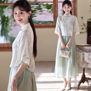 新款年轻宽松款少女旗袍两件套装新中式国风套装复古改良汉服上衣