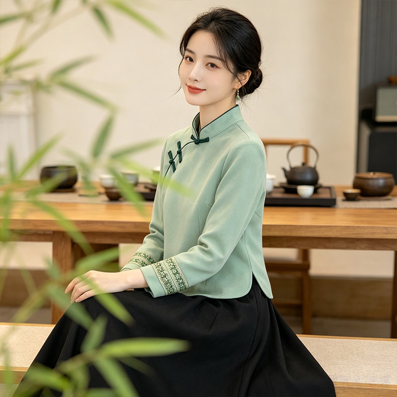 新中式国风改良旗袍两件套唐装上衣秋季新款复古盘扣长袖茶服衬衫