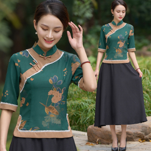 中老年妈妈旗袍两件套上衣女仿香云纱夏新款 高端洋气复古提花时尚
