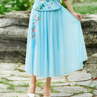 绣花雪纺长裙夏女士半身裙波西米亚长裙松紧腰