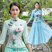 汉茶服 中式 春夏旗袍改良版 上衣印花两件套中国民族风文艺复古唐装