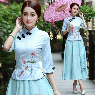 2026新中式 女上衣 提花改良旗袍两件套中国风清新立领民国风唐装