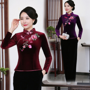 女大码 套装 妈妈婚宴礼服刺绣 丝绒旗袍两件套上衣改良丝绒唐装 长袖