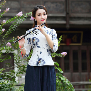 春夏两件套旗袍上衣中袖改良日常古装茶艺服中式汉服女唐装表演服