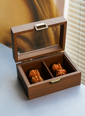 文玩核桃收纳盒 2格狮子头手串盒储存盒防尘收藏展示盒黑胡桃木纹