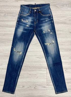 雅痞欧美新款潮牌d2牛仔裤男深蓝色破洞补丁修身针缝弹力长裤子男